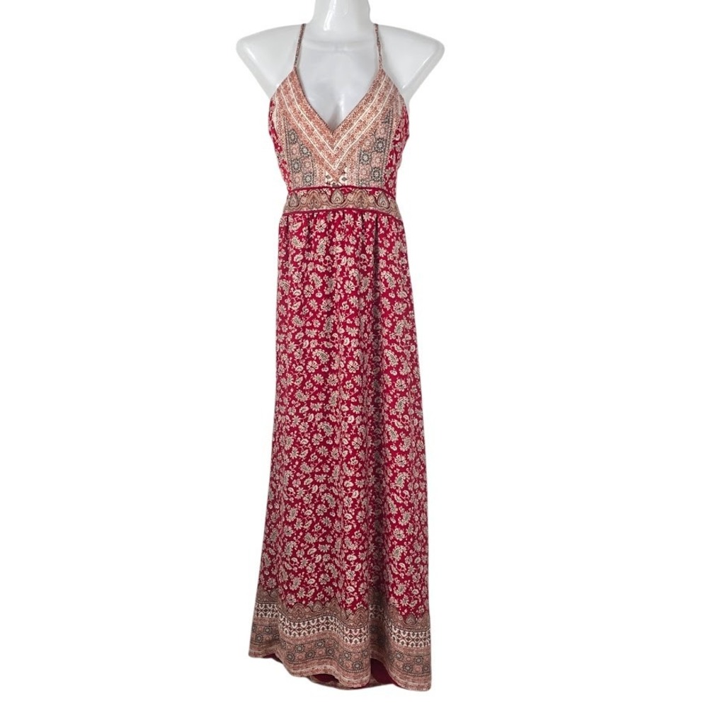 Forever‎ 21 Maxi Dress Womens M Red Floral Paisley Hippie Boho Halter Open Back